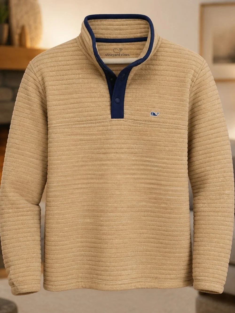 Vineyard Vines Tan and Navy Logo Pullover Mock Neck Size Medium